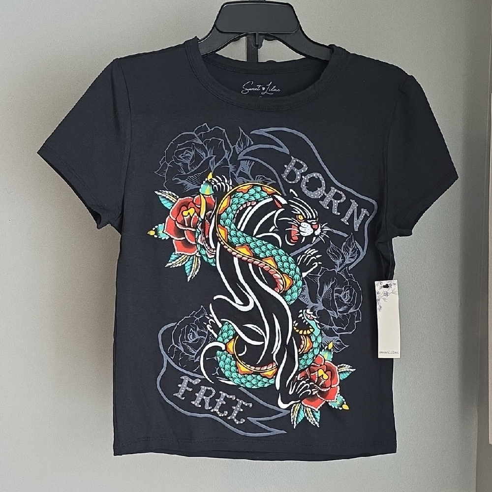 Black Tee with Born Free Graphic Design Size Medium NWT
